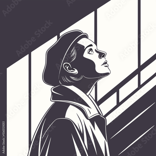 Low Key Silhouette Portrait Woman Beret Coat Looking Up