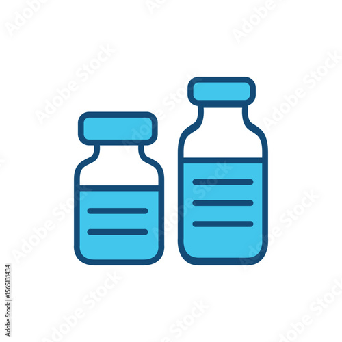 Vaccine and Medicine Bottles Icon - Medical Vials in Flat and Line Style Vector, Vector icon of two medicine or vaccine bottles in different sizes, representing medical vials for vaccination.