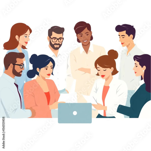 A group of eight employees are discussing performance reviews. They appear focused and collaborative, with laptops and notes in front of them.