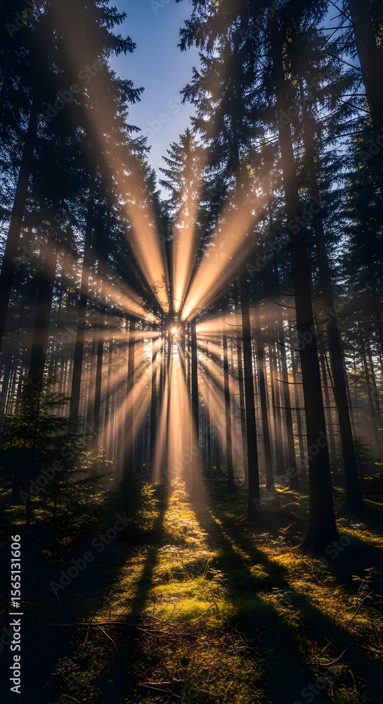 Naklejka premium Sun rays stream through tall trees in a forest, creating a dramatic light effect on the ground.