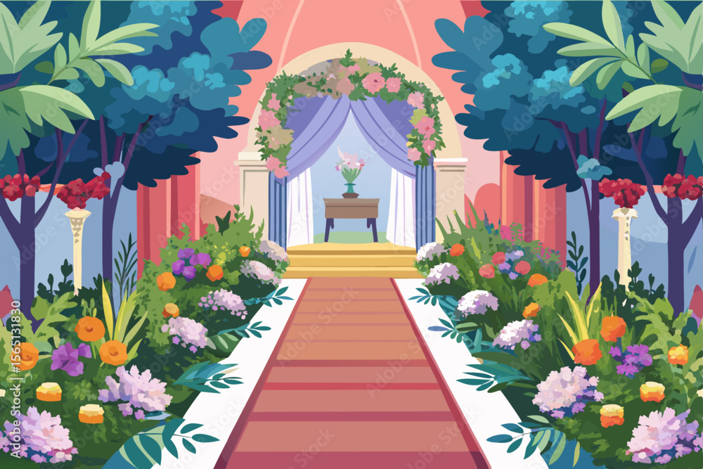 Obraz premium Old stone archway entrance to a Spanish villa garden with vibrant flowers and a wooden door