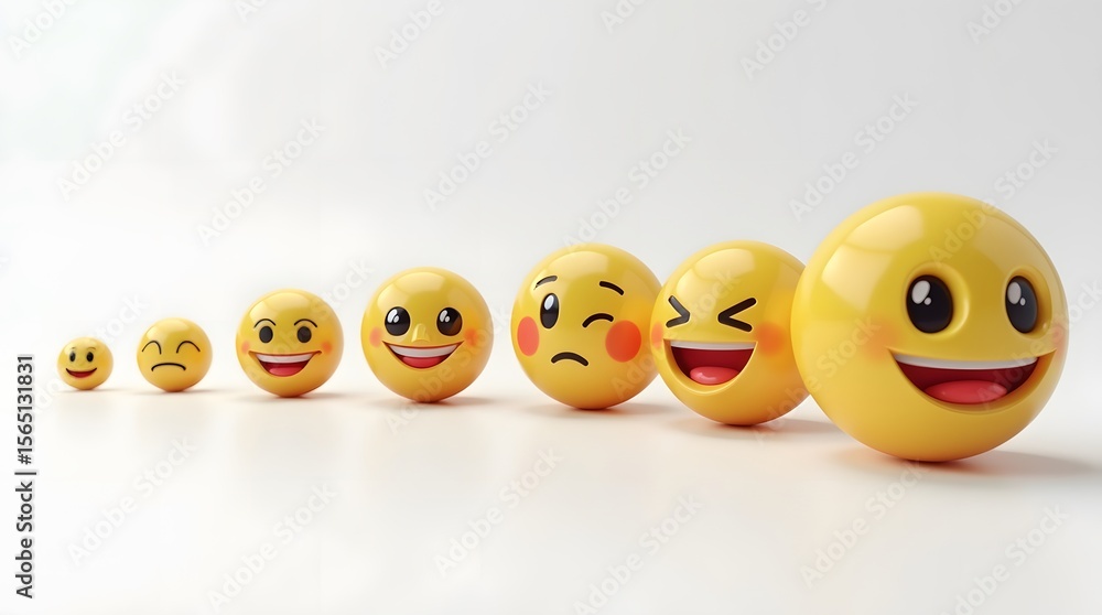 Fototapeta premium A line of 3D emoticons on a white background, showing a progression of different facial expressions and emotions. Social media and communication concept.