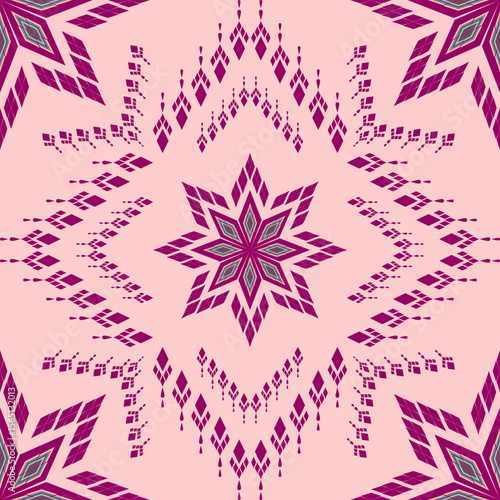 The image shows a geometric fabric pattern in pink and deep purple, featuring an eight-pointed star in the center surrounded by symmetrical arrangements of diamond shapes and linear motifs.