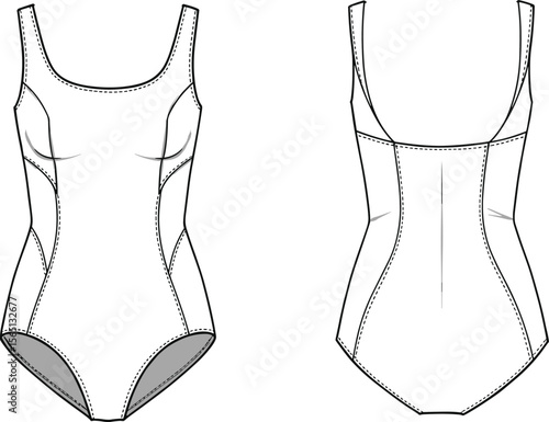 Front and back sketch of contour-seamed one-piece swimsuit, scoop neckline with high-cut legs, fashion drawing for women's stylish swimwear pattern design