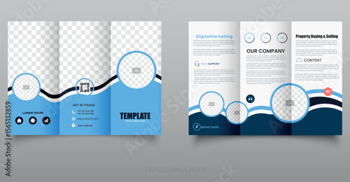 Blue Business Trifold Brochure Template with waves. Universal leaflet for marketing, rental housing, etc.
