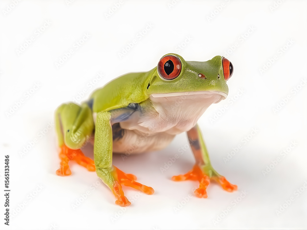 Obraz premium Vibrant red-eyed tree frog standing alert on a white surface.