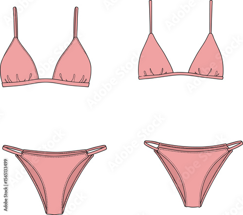 Sketch of two pink triangle bikinis, top and bottom sets, front view, minimal swimwear design for stylish women's beachwear sewing pattern concept
