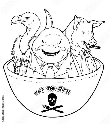 Eat the Rich: political satire with anthropomorphic animals (lineart / coloring version).