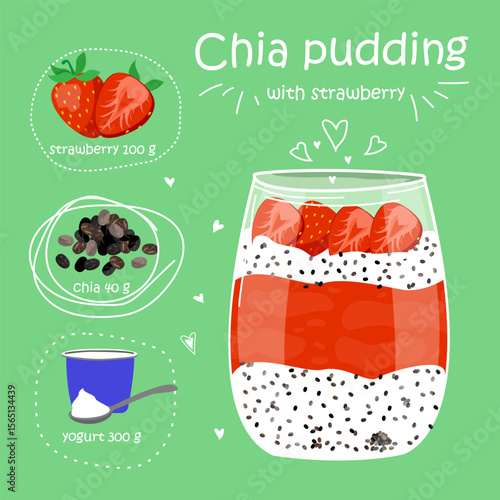 Chia seed pudding with strawberry. Healthy Superfood Recipe. Vegan healthy snack in glass. Vector illstration isolated on green background.