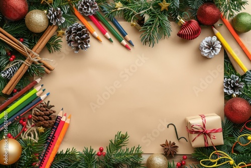 Pixel Perfect Image of Top View of Christmas Crafts with Crayons and Paper