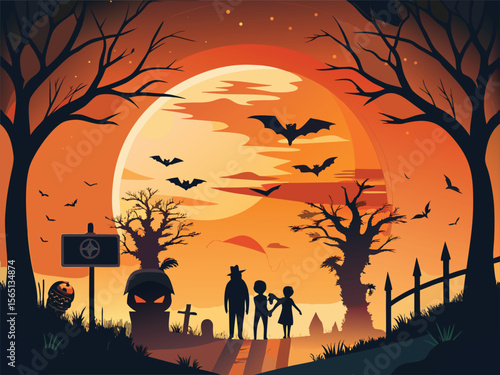 Spooky Halloween night landscape with pumpkin silhouettes, bats, and a full moon against a dark, eerie sky