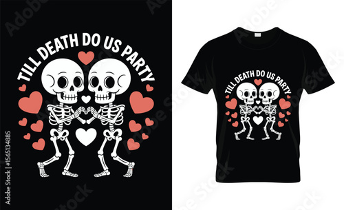 Dancing skeletons couple with hearts till death do us party design