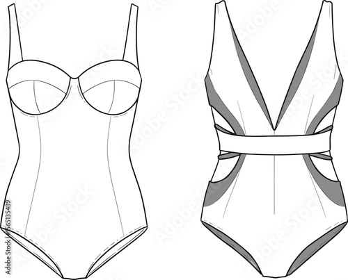 Sketch of two stylish one-piece swimsuits, underwire bust and cut-out V-neck design, front view fashion drawing for trendy women's swimwear pattern