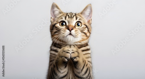 Adorable tabby kitten sits upright, paws pressed together, gazing upwards with a curious, pleading expression.