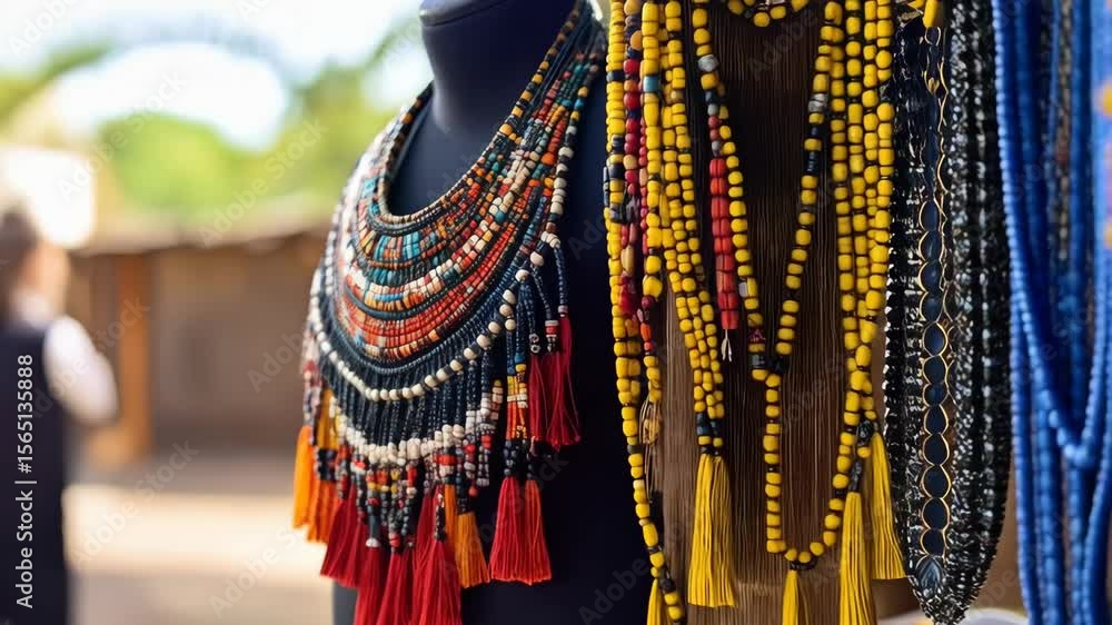 Close-up of vibrant handcrafted necklace and beadwork, showcasing traditional craftsmanship and colorful artisan details Close-up of vibrant handcrafted necklace and beadwork, showcasing traditional craftsmanship and colorful artisan details