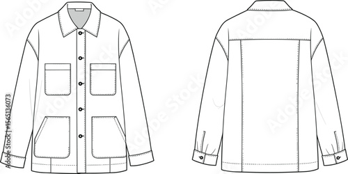 Front and back sketch of button-up utility jacket, collar and flap pockets, technical fashion drawing for stylish women's outerwear sewing pattern