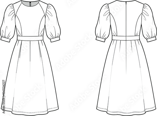 Fashion sketch of puff sleeve midi dress, front and back views, fitted bodice with round neckline, flared skirt, elegant sewing design template