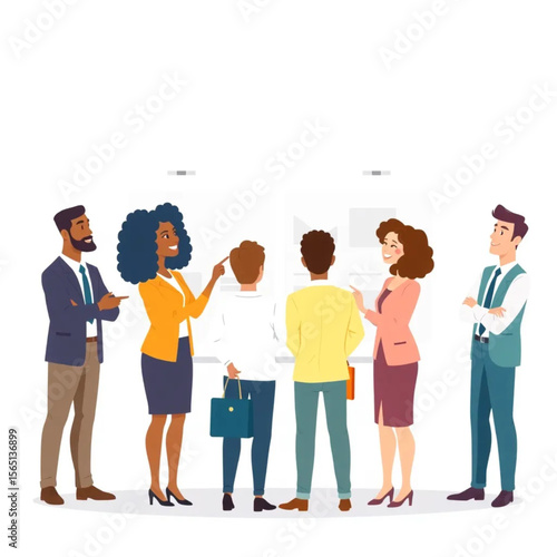 A diverse group of six coworkers are setting up for a trade show. Everyone is contributing ideas, and a few are pointing at the board or screen.