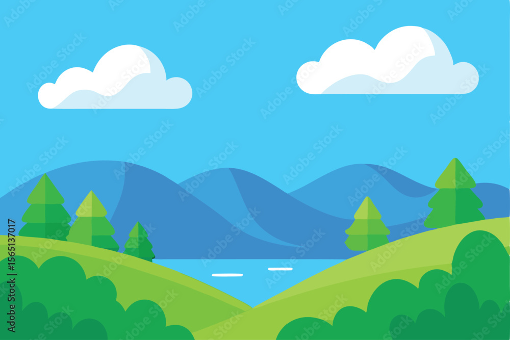 Fototapeta premium Serene Mountain Lake Landscape A Picturesque Summer Day Illustration