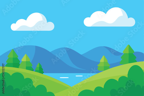 Serene Mountain Lake Landscape A Picturesque Summer Day Illustration