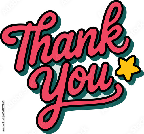 Red thank you text with green shadow and yellow star for bold and energetic gratitude sticker or card  