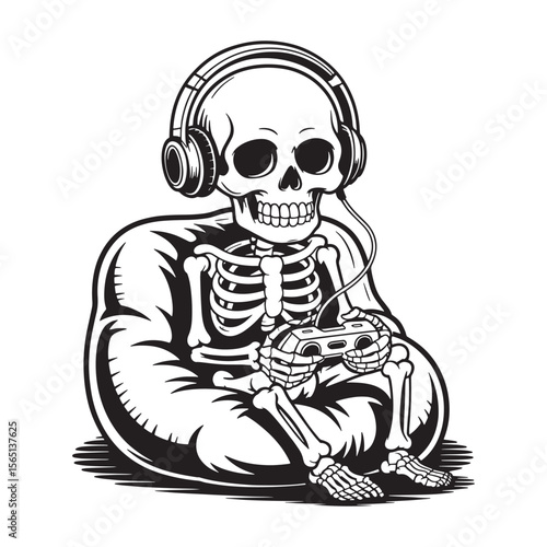 Skeleton gamer wearing headphones and playing video games with a controller