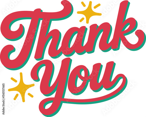 Retro style thank you message in teal and red with golden sparkles for birthday or casual gift tag  