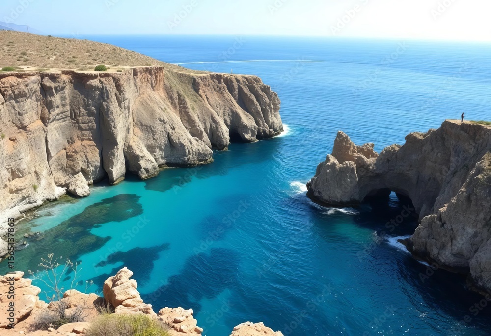 Fototapeta premium Rugged Sicilian coastline with turquoise waters and dramatic cliffs, view, scenic