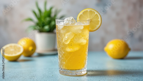 Refreshing citrus drink with ice cubes and lemon slice in a crystal glass