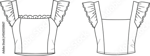 Ruffled sleeve top sketch, sleeveless fashion design, front and back view, elegant neckline styles, sewing pattern, women's clothing concept, apparel draft