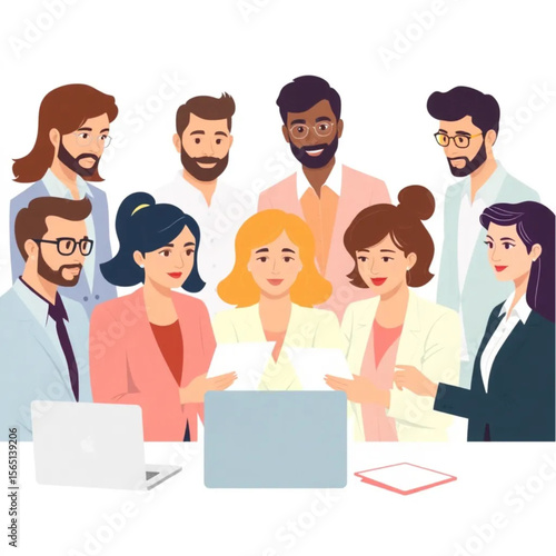 A group of eight leaders are preparing for a client pitch. They appear focused and collaborative, with laptops and notes in front of them.