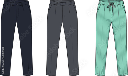 Vector fashion illustration of men’s trousers including formal pants, casual joggers, and striped drawstring trousers, technical flat sketch design flat vector illustration
