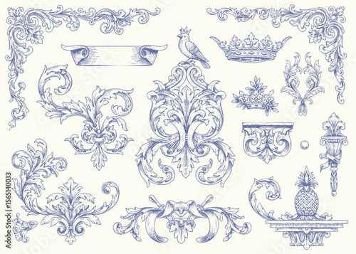Floral decorative vector elements set, rococo and baroque style, vintage royal details. engraving illustration set
