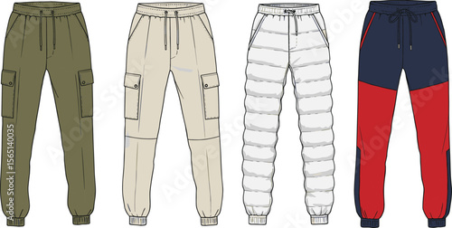 Vector flat sketch showcasing men’s jogger pants, cargo trousers, quilted pants, color block sweatpants, front and back technical drawing flat vector illustration