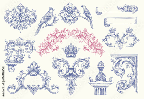Floral decorative vector elements set, rococo and baroque style, vintage royal details. engraving illustration set