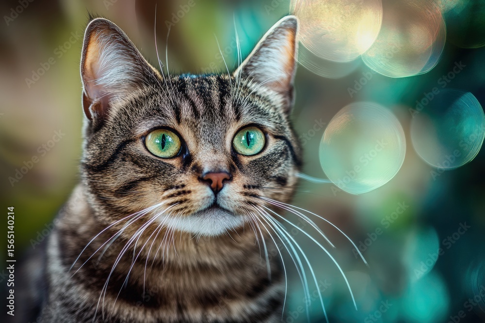 Fototapeta premium Captivating Close-Up of a Striped Cat with Stunning Green Eyes