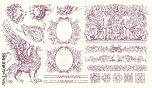 engraving illustration of victorian, rococo, baroque style elements. book cover, social media, t shirt design application