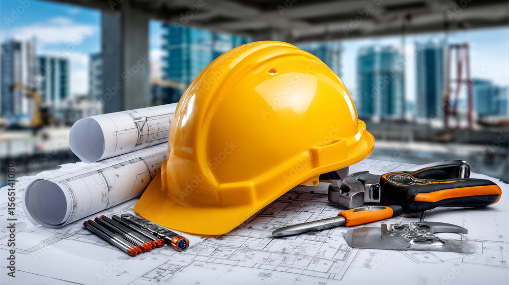 Fototapeta premium Construction Site Blueprint with Yellow Hard Hat and Building Tools for Professional Engineering and Architecture Design