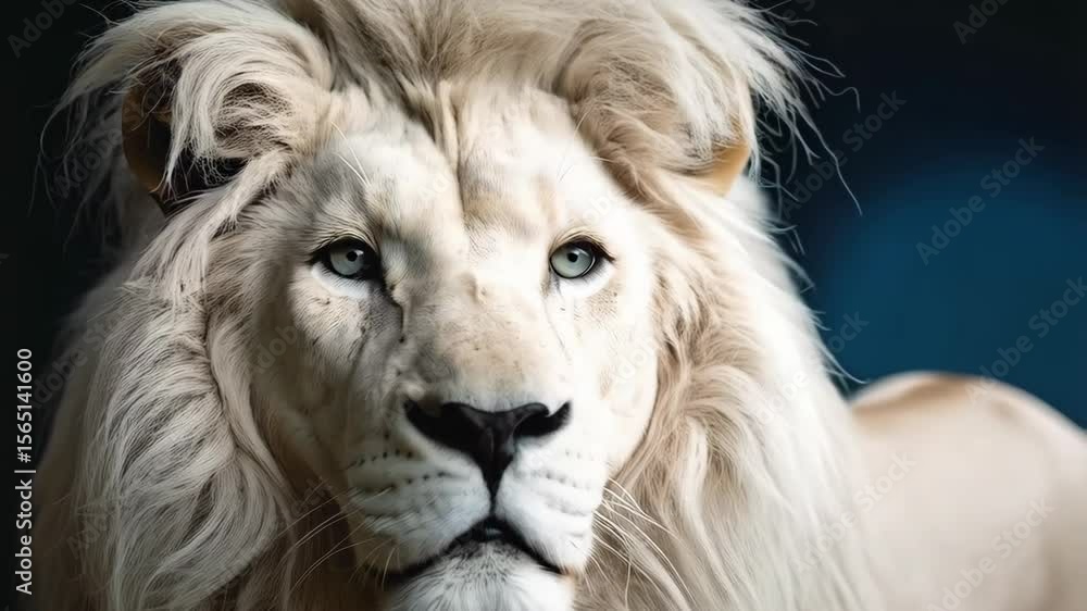 Dramatic close-up captures the serene gaze of a majestic white lion against a dark background, highlighting its powerful elegance and gentle nature. Dramatic close-up captures the serene gaze of a majestic white lion against a dark background, highlighting its powerful elegance and gentle nature.