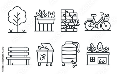 Eco friendly icons set – outline, urban sustainability and green living symbols