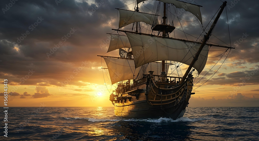 Obraz premium A pirate ship sails under a dramatic sunset with a waving Jolly Roger flag. 