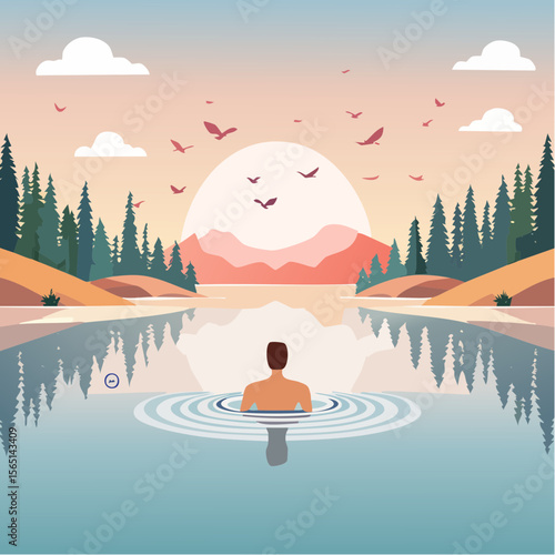 vector art of a person swimming in a natural lake