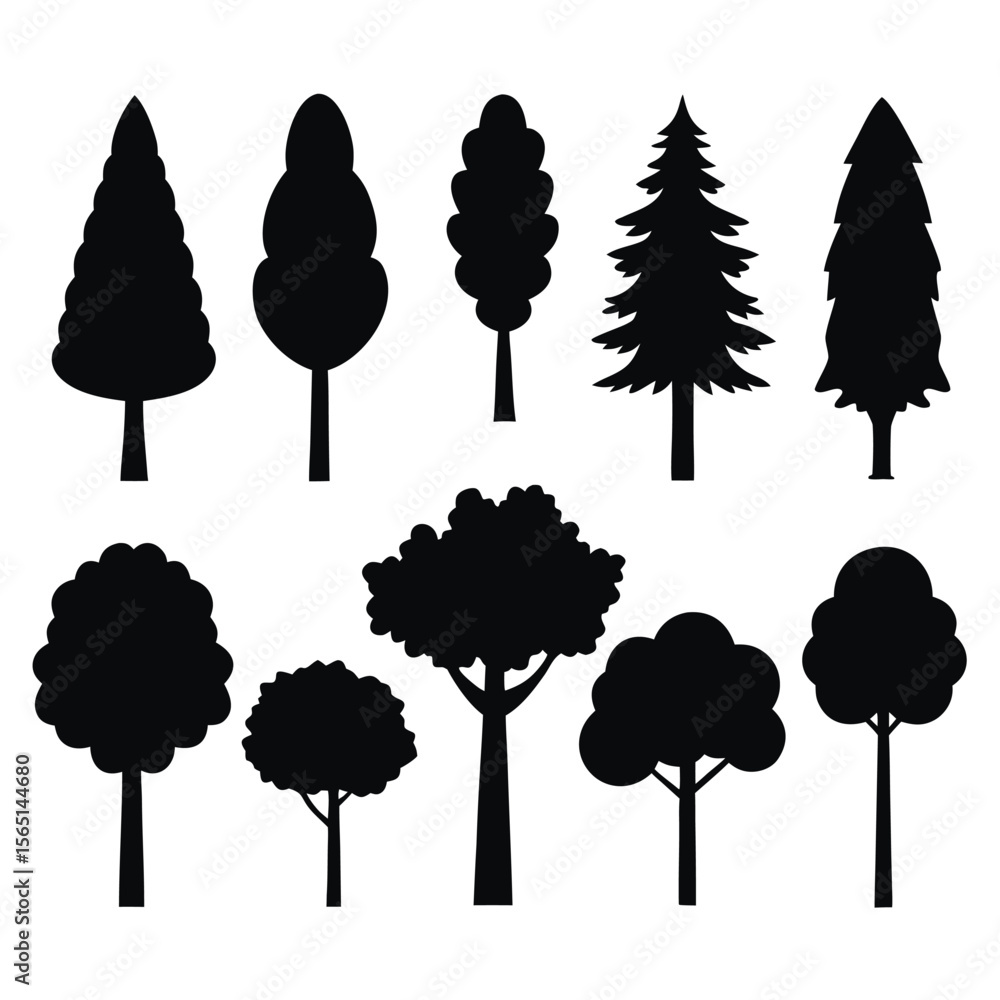 Fototapeta premium Collection of Black and White Tree Silhouettes Diverse Shapes and Styles for Design Projects
