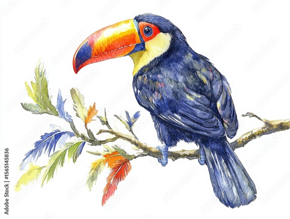 Fototapeta premium Vibrant Watercolor Illustration of a Colorful Toucan perched on a Branch