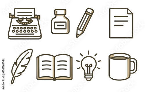 Creative writing icons set – outline, literary and storytelling symbols for writers