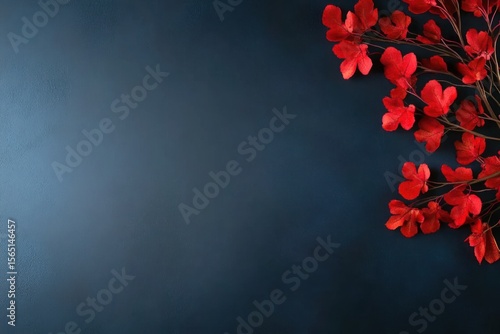 Crimson Foliage Cascade: Vibrant Red Leaves on Deep Blue Textured Backdrop