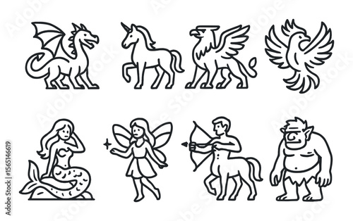 Fantasy creature icons set – outline, mythical and legendary character symbols