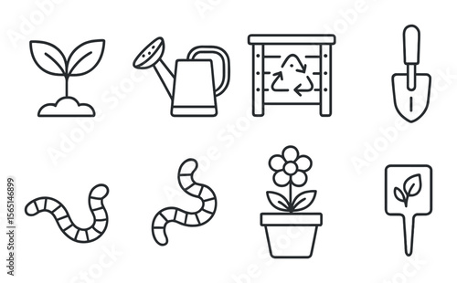 Eco garden icons set – outline, nature and horticulture symbols for sustainability