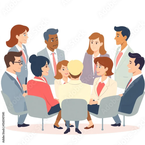 A group of ten executives are participating in a team-building workshop. They are dressed in business attire and seem engaged in the conversation.