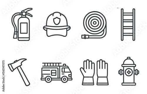 Firefighting icons set – outline, emergency response and rescue symbols collection